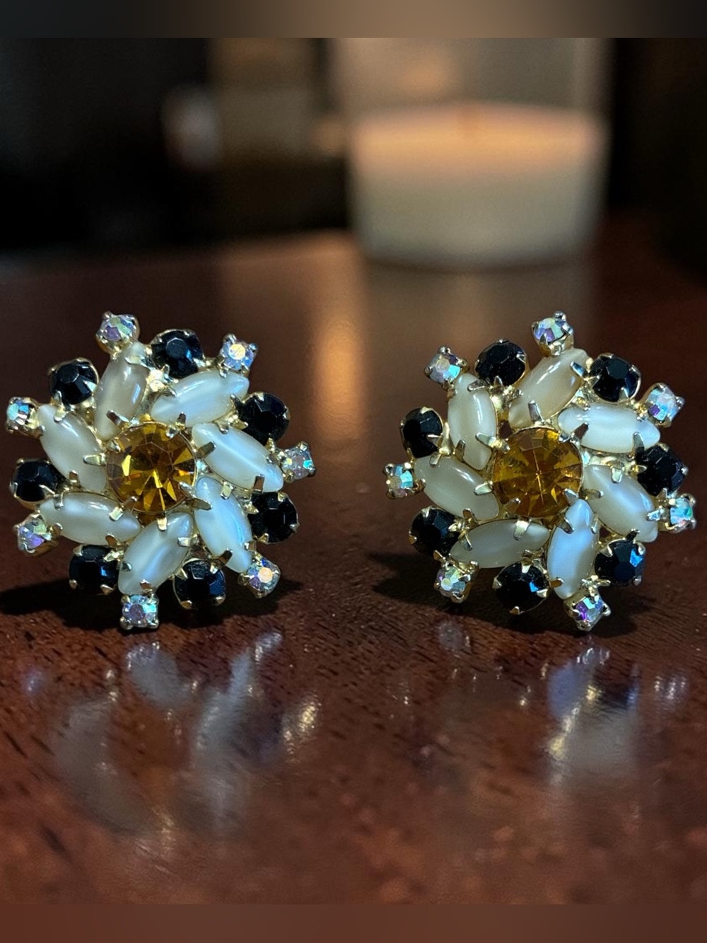 Vintage Gold-Tone Floral Cluster Earrings with Cream, Black & Amber Stones